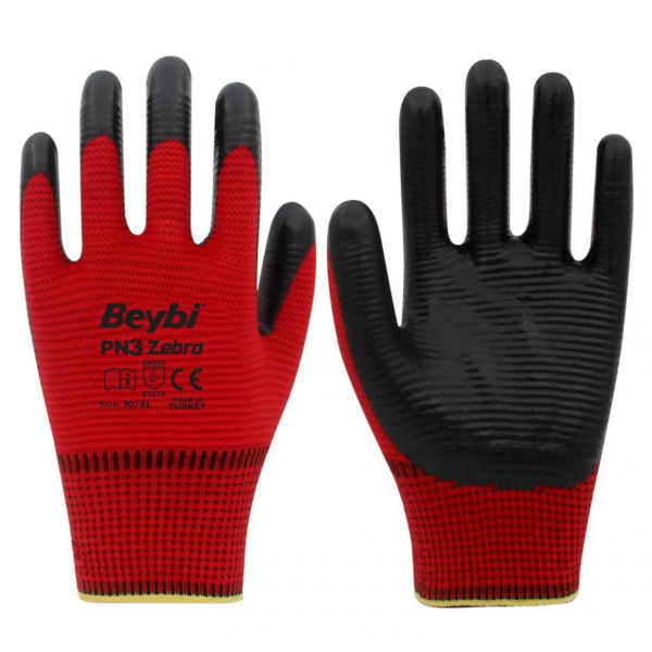 PN3 Zebra Polyester Örme Nitril Eldiven – Dayanıklı Kaydırmaz İş Eldiveni